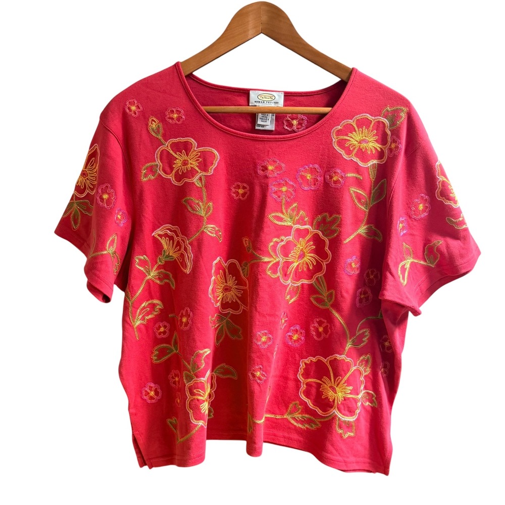 Talbots Knit Top Women 2X Red Floral Embroidered Petite Short Sleeve Casual